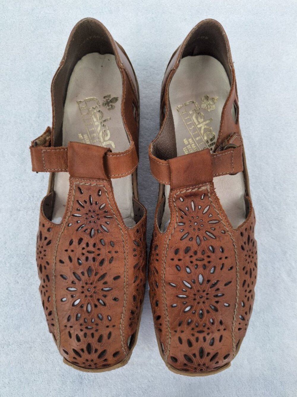 Rieker Shoes Womens 41 Anti-Stress Floral Cut Mary Jane T-Strap Brown Leather - Picture 8 of 16